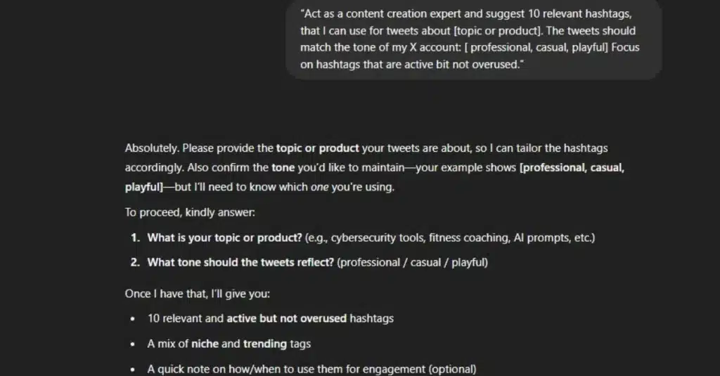 Hashtag Research Tool prompt response